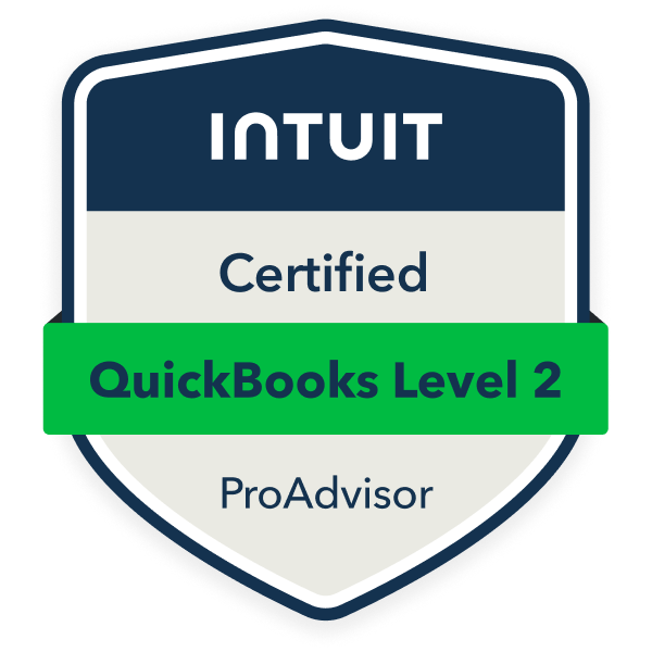 QuickBooks Online Certification Level 2 Badge demonstrating advanced QuickBooks Online Proficiency and expertise in accounting and financial management.