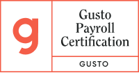 Gusto Payroll Certification badge, earned after completing training in payroll fundamentals including onboarding, offboarding, pay schedules, time tracking, payroll processing, and tax filing using Gusto's platform